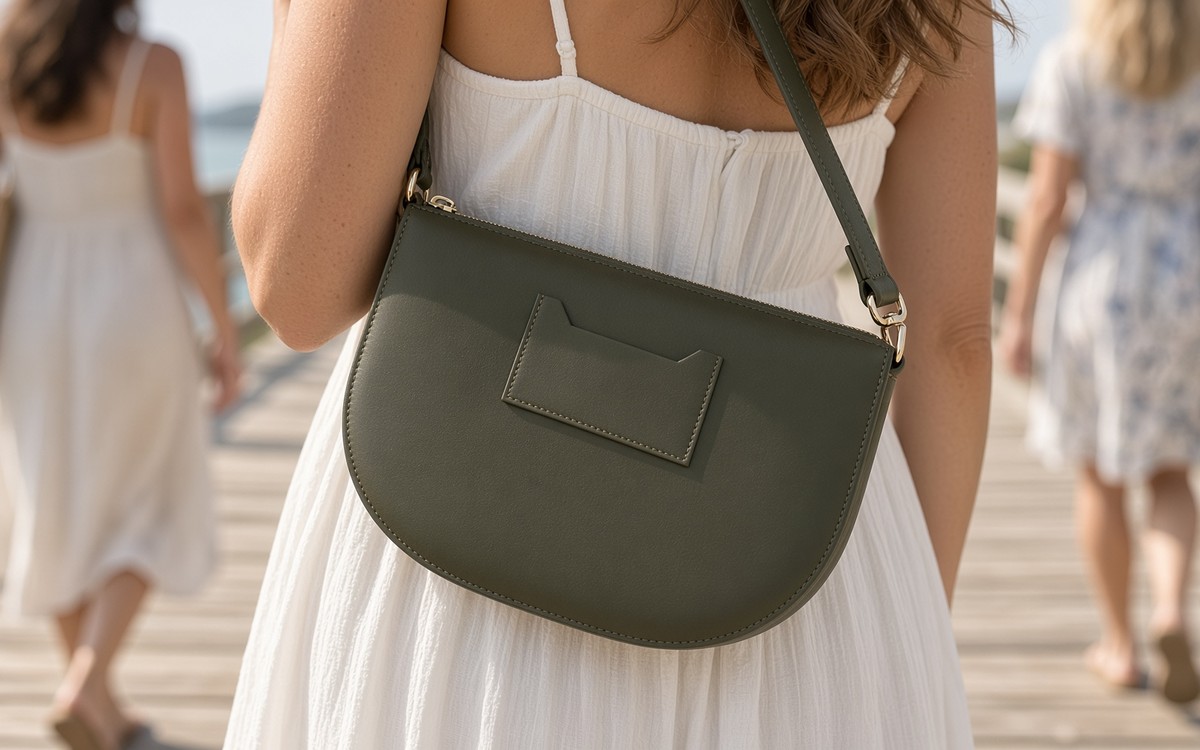 Woman wearing an olive EGOSUNNY planner bag at a friend's door