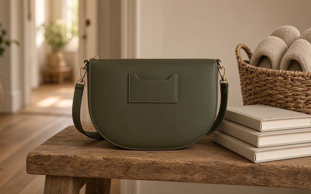 Olive EGOSUNNY planner bag on a hallway bench beside plain books